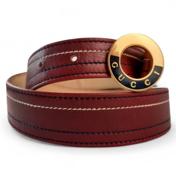 70s-80s GUCCI Red Leather Logo Belt Gold Stitch Monogram Vintage Enamal 28" S - Picture 1 of 5
